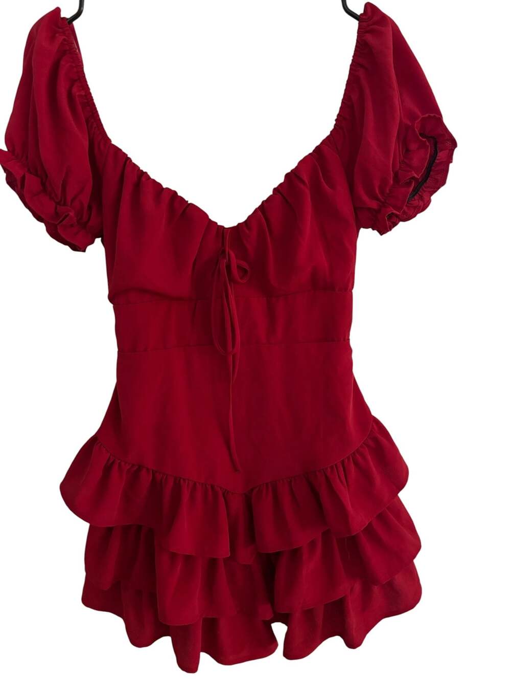 Mixed Threads Los Angeles Red Tiered Puff Sleeve Open Back Romper